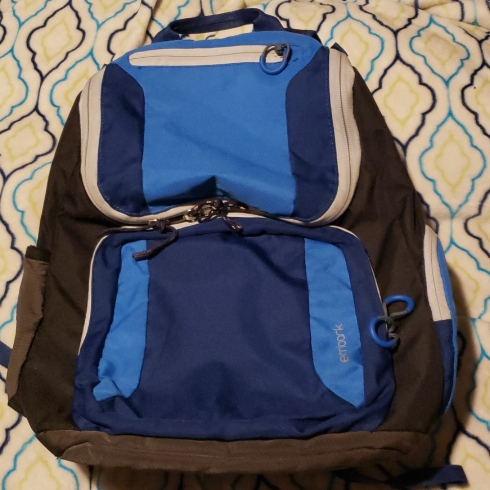 Embark black and blue flip open type backpack